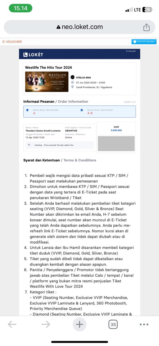 theolumenta's tweet photo. @injourneyID want to sell 1 tix VVIP seat A9 row A paling depan. minat dm #konserwestlife #candiprambanan #westlife https://t.co/k3LOutcHP9