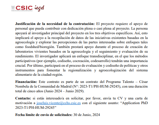 ¿Te interesa trabajar en sistemas alimentarios territorializados, agroecología y living labs en <a href="/IEGD_CSIC/">IEGD</a> <a href="/CCHS_CSIC/">Ciencias Humanas y Sociales (CCHS - CSIC)</a> ? ¡Pues esta es tu oportunidad! Fecha límite envío solicitudes: 30 junio