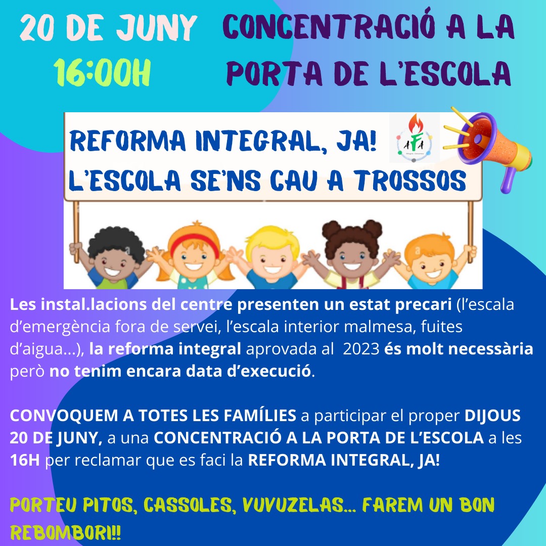 L'AFA de l' Escola Milagros Consarnau convoca una concentració per reclamar la reforma integral del centre, aprovada l'any 2023 
#ReformaIntegralJa
