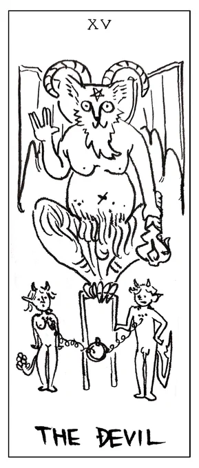 悪魔の日なので、私の描いたアホ面タロットの悪魔のカードを。 