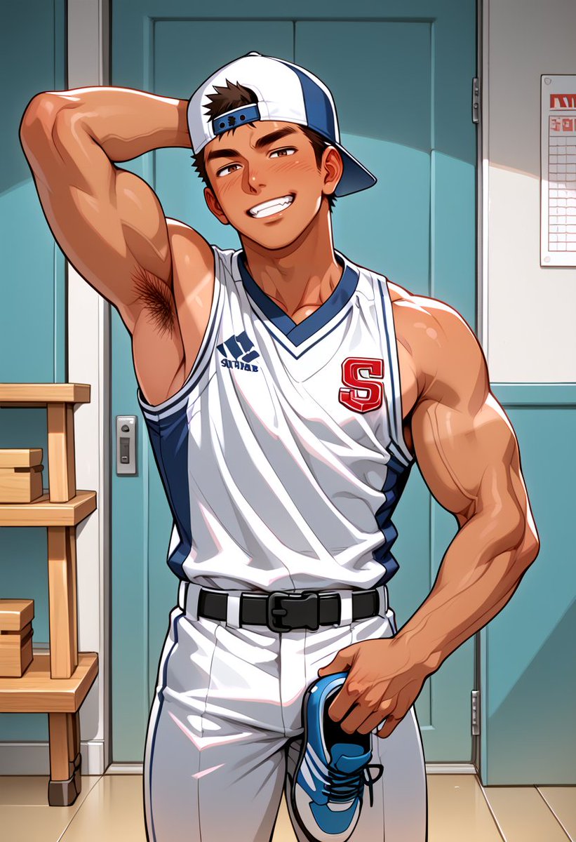 AI28678448's tweet photo. A baseball kid happily making a fist pump. 嬉しそうにガッツポーズを取る野球部君 ノースリーブの野球のユニフォームっていいですよね 大事な栄養素が得られます #AIart #AIイラスト #baseballuniform https://t.co/XbOKA8vL3B