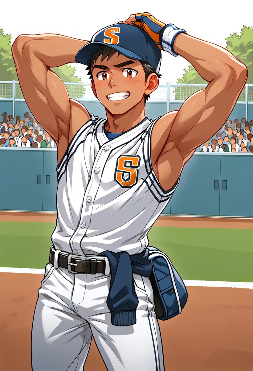 AI28678448's tweet photo. A baseball kid happily making a fist pump. 嬉しそうにガッツポーズを取る野球部君 ノースリーブの野球のユニフォームっていいですよね 大事な栄養素が得られます #AIart #AIイラスト #baseballuniform https://t.co/XbOKA8vL3B