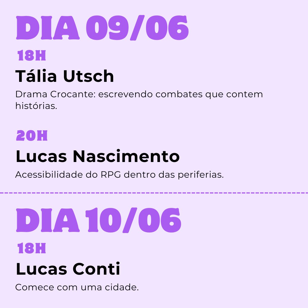 semanadejogo's tweet photo. A Semana de Jogo está se aproximando, então bora dar uma olhada na programação 👇

Dia 09/06
Temos @taliautsch falando de crocâncias e @lucasnwd no papo sobre acessibilidade nas periferias!

Dia 10/06
Temos @Contiota fazendo valer o goblin de melhor cenário. https://t.co/6xYqTn9J2Q