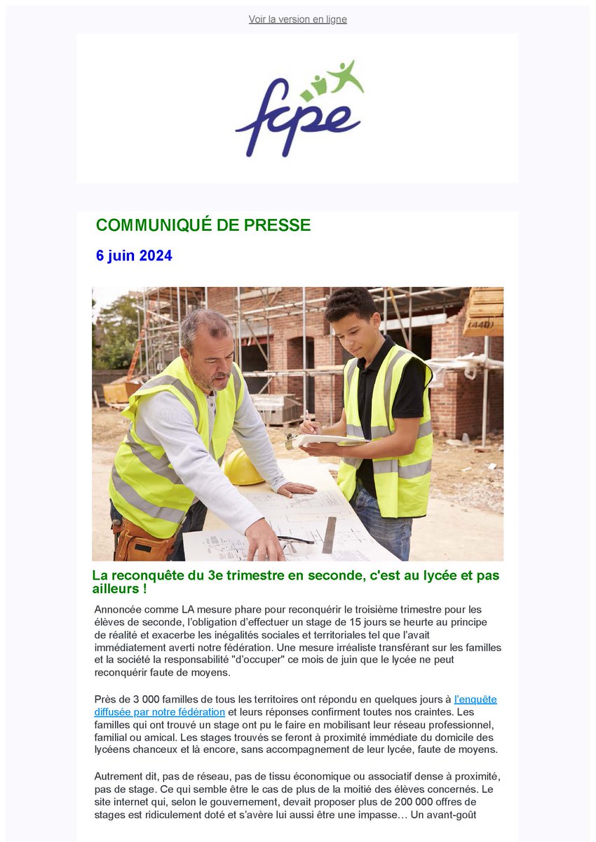 FCPE_nationale's tweet photo. La #FCPE exige le retrait immédiat du "#stage de seconde", mesure sans queue ni tête et la publication de chiffres fiables pour en dresser le bilan. Elle attend l’ouverture immédiate d’une concertation pour réfléchir et proposer une réelle reconquête du 3e trimestre. https://t.co/TcdhhDQbHU