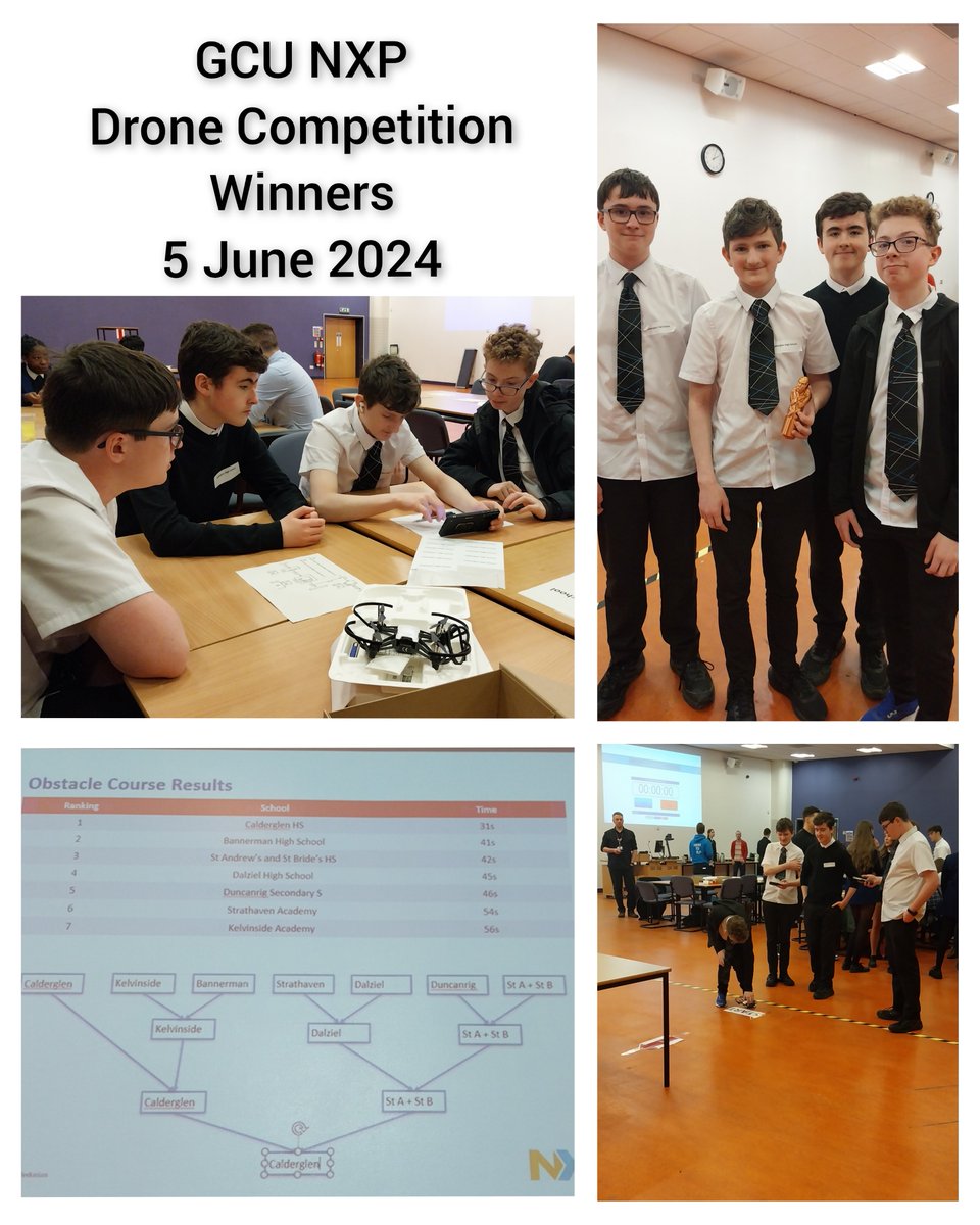 CglenBusEdComp's tweet photo. CELEBRATING SUCCESS: Our new S4 team won both of the challenges in the GCU/NXP Drone Competition yesterday.  They were a credit to the school as their attitude &amp; behaviour throughout the day were exemplary. Good luck in the final next week! #WeAreCalderglen @CaledonianNews @NXP https://t.co/hzohaCWZoO