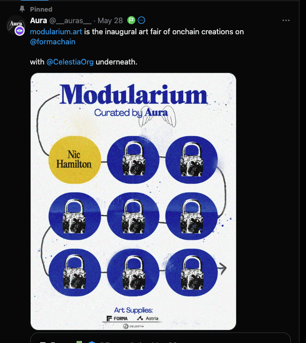 0xxbeacon's tweet photo. I Think this Is the Eligibility Criterion for the Next Major Airdrop in the Celestia Eco👇

I can't sleep because of this. I've been thinking about it for 2 days now.

@zmanian recently hinted on the Sloths Discord that @AstriaOrg is going live soon.

This was also confirmed by @andyyy (https://t.co/QCLxxnIeVo).

@AstriaOrg is a Rollup As A Service - RAAS (similar to Dymension) backed by top-tier VCs including @Maven11Capital and @Delphi_Digital.

I expect that during the TGE, the token will be listed on top-tier CEX and traded above the top 200 market cap (and maybe even above the top 100 Day One).

Astria fits into the modular narrative of the Celestia ecosystem, and I expect it to become more attractive soon (especially with the modular summit from July 11-13 in Brussels where Astria appears as a sponsor - https://t.co/uS3eNfVIdv. Given the font size used, it might even be one of the main sponsors).

Recently, the first appchain using Astria went live, which is @Formachain, focusing on NFTs.

However, Astria is not yet officially on mainnet.

Forma is currently holding an event called "Modularium Genesis," consisting of a series of NFT mints. This hasn't been officially confirmed, but I think there will be 1 NFT mint per week over 9 weeks.
Collecting these NFTs could potentially make you eligible for the Forma airdrop, and maybe Astria (🔷and possibly HyperLane's as well🔷).

🔵 Several curious points:

1) The timing: If there is indeed 1 mint per week, it would lead to a possible Astria TGE in just over 2 months, aligning with the "soon" TGE rumors indicated by the OGs I mentioned earlier.

2) On the Astria Discord, there are no roles or Zealy available yet. In recent airdrops (Dymension, Altlayer, Wormhole, etc.), projects have targeted categories of people who have actually used their product (#L0). It's curious that there's nothing officially actionable to expose oneself to a potential Astria airdrop (and what if it was the Modularium collection?).

3) The Genesis collection is curated by @auras. This Twitter account was created in March 2024. The first choice of pseudonym for the page was "Modularium", the current name of the NFT collection. The page was created specifically to play the role of curator for the Genesis collection. The people running the page seem very close to the Celestia/Cosmos ecosystem. The page is followed by OGs like @JoshCStein, @billyrennekamp (one of the Cosmos co-founders), @zmanian (also a co-founder of Cosmos and the Sloth Founder).

4) Support from @nickwh8te (Core team Celestia). Nick White has recently been known for his Day 1 support of the Sloth collection. Here again, he highlights that he minted the Genesis collection (https://t.co/bFVbiZn0D5).

5) Incidentally, @eshita (Core team Astria) was the first person to join the Forma Discord. Not decisive, but it shows Astria's interest in Forma.

→ Currently, Stone: e/acc (https://t.co/l2TUV0ILVo) is trading at more than x10 its mint price. If we get more information in this direction soon, I expect the floor to take off, given the very limited NFT supply (555).

Let me know in the comments if you know of a Discord server for a VC-backed project that doesn't have an early role and/or Zealy, I'm interested.