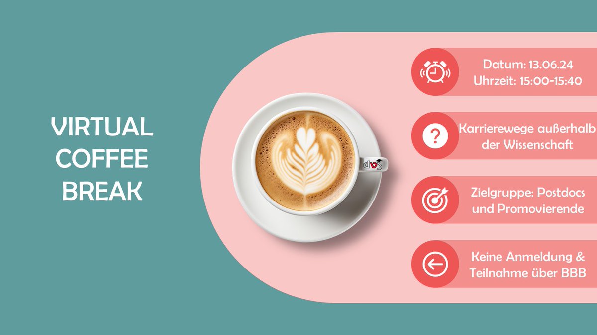 SpowisNachwuchs's tweet photo. Unsere nächste gemeinsame Kaffeepause steht an❗️
Am nächsten Donnerstag, 1⃣3⃣.0⃣6⃣., ab 15 Uhr wird es einen 40-minütigen Austausch zu "Karrierewegen außerhalb der Wissenschaft" geben. Erfolgreiche "Aussteiger:innen" werden ihre Geschichten erzählen und für Fragen bereitstehen. https://t.co/H4ueguXrcL