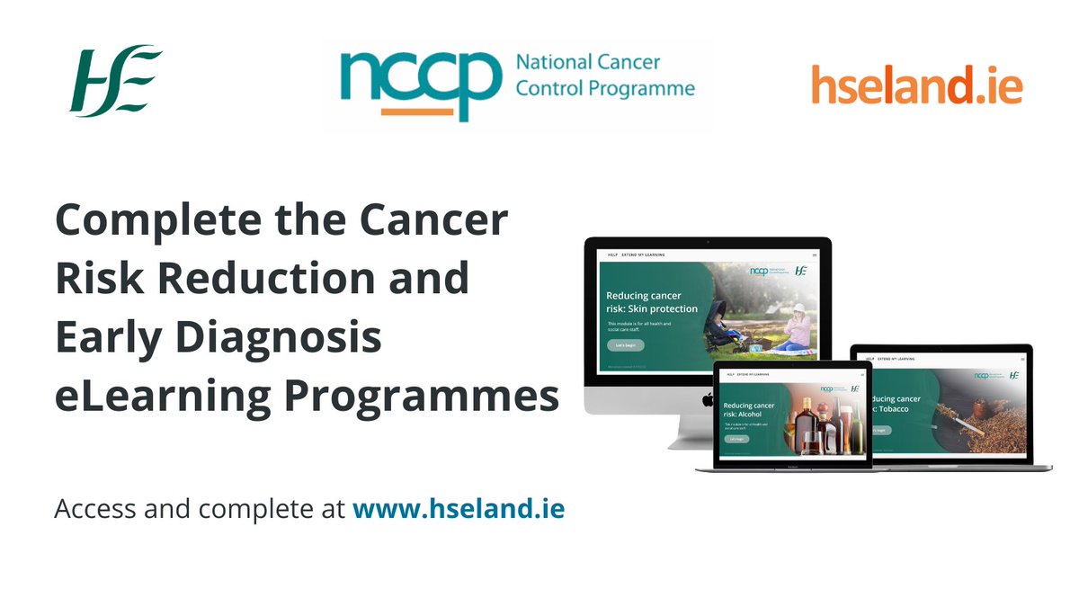 Boost your cancer prevention and early detection knowledge with @hseNCCP eLearning programmes

🛡️ Reducing Cancer Risk: Learn about tobacco, alcohol & skin protection
🔍Early Diagnosis of Cancer: Enhance skills in recognising signs and symptoms

Access at HSeLanD.ie