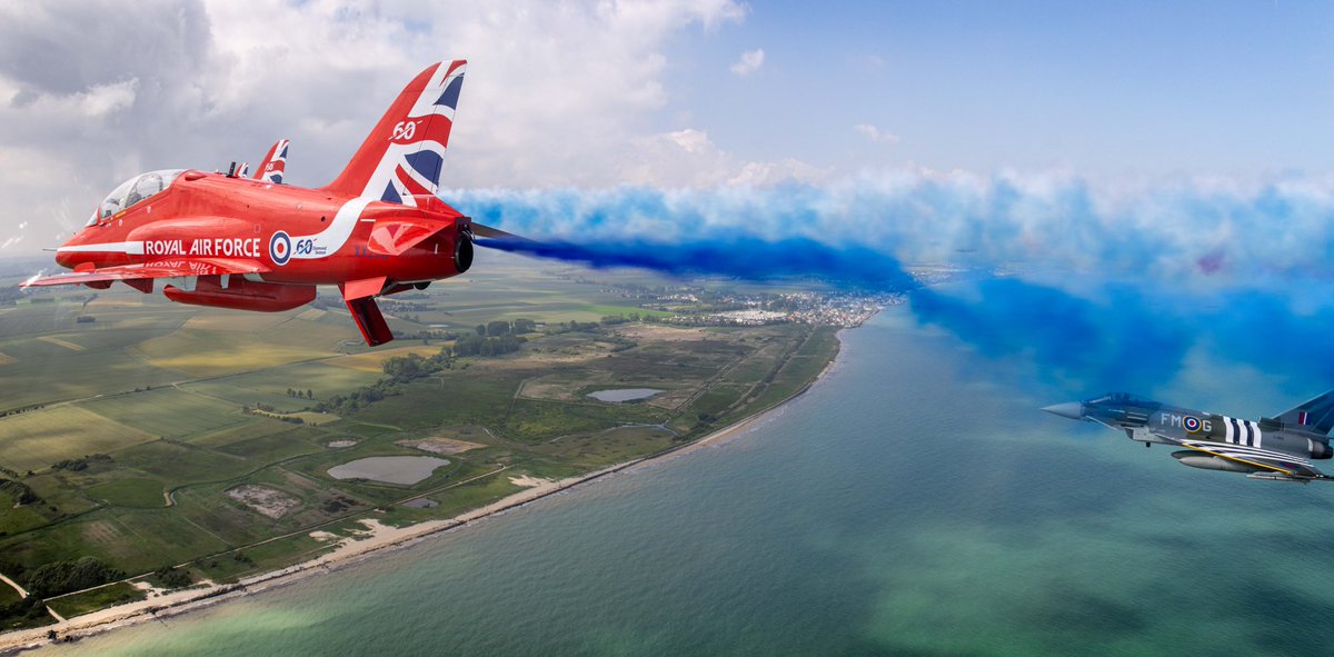 rafredarrows's tweet photo. Remembering the sacrifices made 80 years ago by those involved with the D-Day landings. Earlier today, the #RedArrows and a RAF Typhoon performed a flypast over a commemorative event at the British Normandy Memorial, Ver-sur-Mer.
📸 Cpl Phil Dye. #DDay80 https://t.co/Hw6nLyC12f