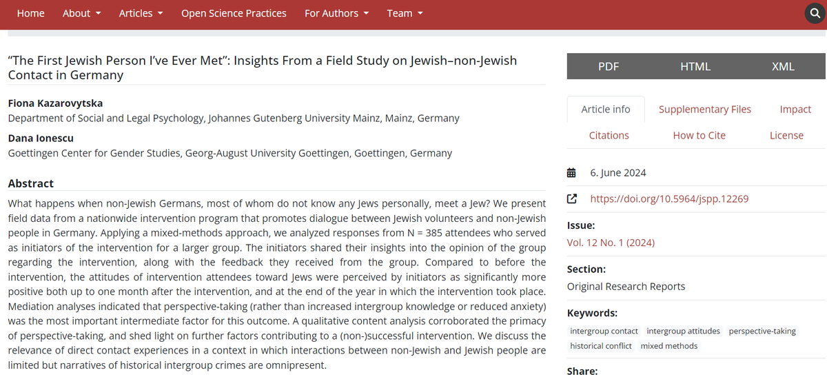 Now published in JSPP: “'The First Jewish Person I’ve Ever Met': Insights From a Field Study on Jewish–non-Jewish Contact in Germany" (Fiona Kazarovytska <a href="/ZakFio/">Fiona Kazarovytska</a> &amp; Dana Ionescu). Article as always open access, here:  jspp.psychopen.eu/index.php/jspp…