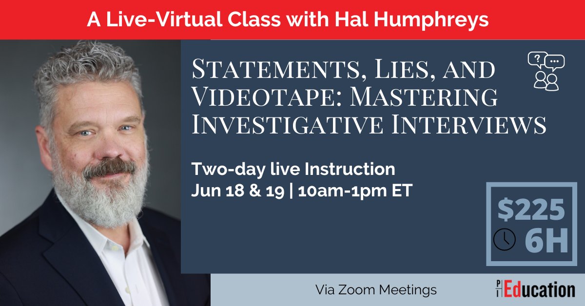 pieducation's tweet photo. Want to master witness interviewing and become a hero to your attorney-clients? Join Hal live via Zoom on June 18 &amp; 19, 10AM-1PM ET, and master the art of the investigative interview. 
https://t.co/cqBH94DcBT

#privateinvestigator 
#pitraining 
#interviewing 
#pieducation https://t.co/eYAu27Ljrj