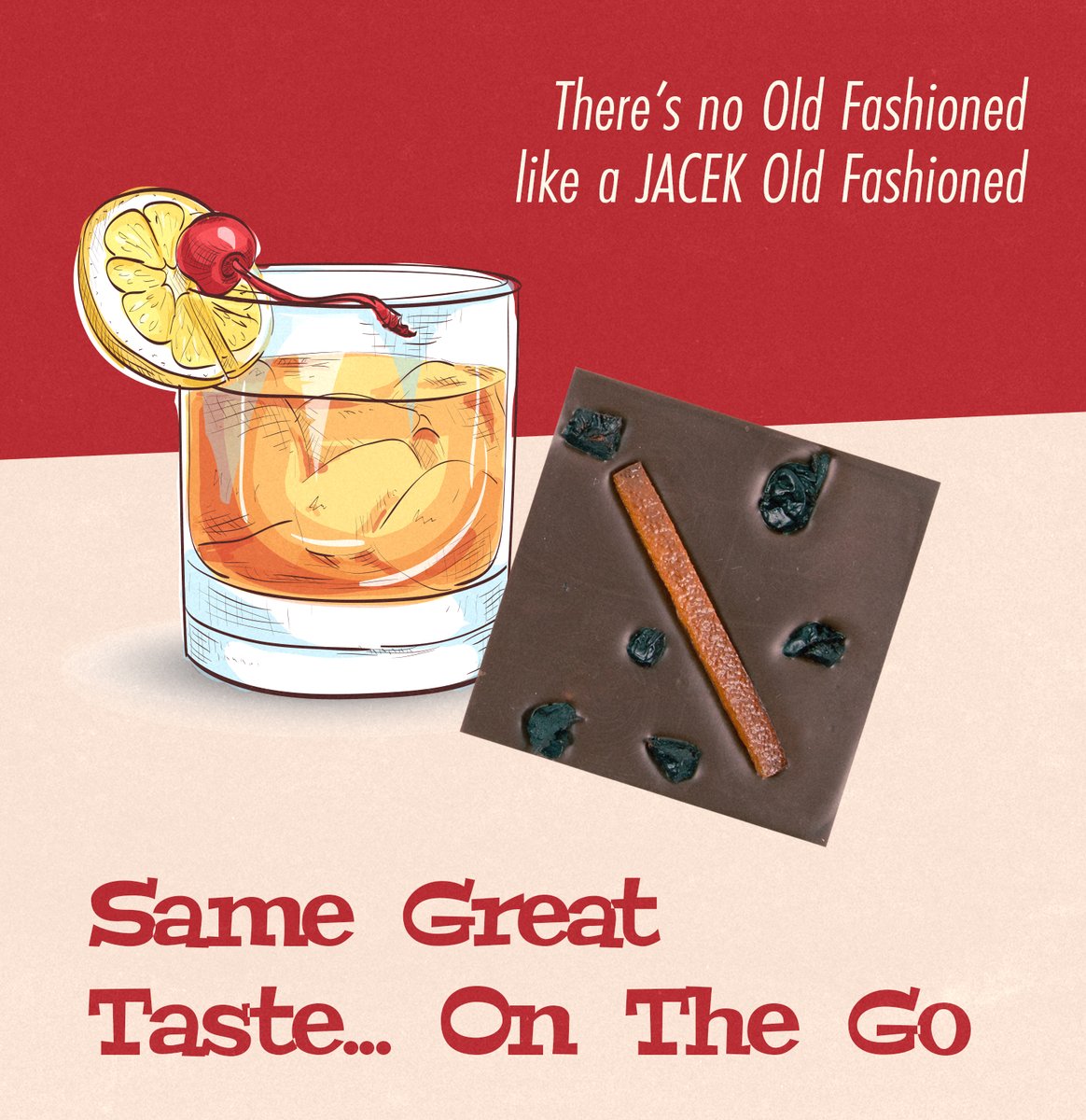 Reinventing the classic Old Fashioned cocktail into chocolately goodness. This sophisticated bar is made from cacao soaked in Bulleit Bourbon, with a hint of bitters. The back of the bar is adorned with candied orange peel and dried cherries.