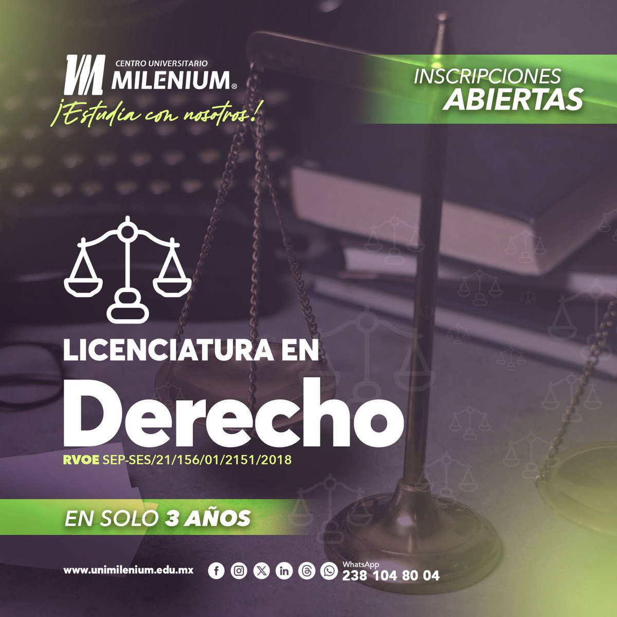 unimilenium's tweet photo. 🟣 LICENCIATURA EN DERECHO⚖️

🟣 Inscripciones abiertas.

✅ Tu Licenciatura en 3 años.
✅ Costos fijos y accesibles que NO incrementan.
✅ Alto nivel académico.
✅ Validez oficial SEP.
✅ Modalidad escolarizada, sabatina y a distancia. 
✅ 5 opciones de titulación. https://t.co/aJkUyglHGL
