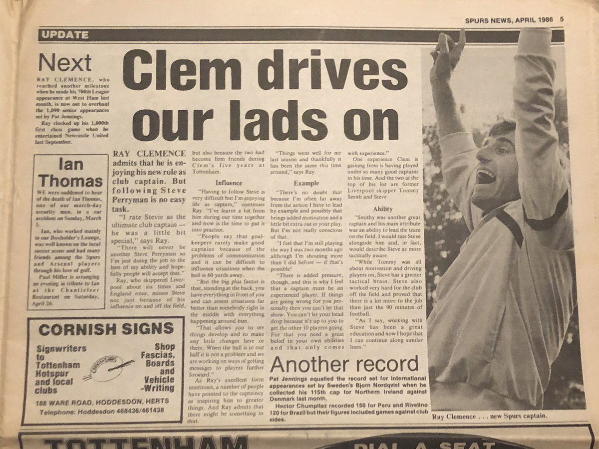 #SpursNews April 1986 has an interview with Ray Clemence where he discusses becoming <a href="/SpursOfficial/">Tottenham Hotspur</a> captain following the departure of Steve Perryman. Clem reflects on Perryman’s influence as well as goalkeepers being captains. #Tottenham #Spurs <a href="/CLEMENCEOFENGL1/">CLEMENCEofENGLAND</a> #COYS #THFC