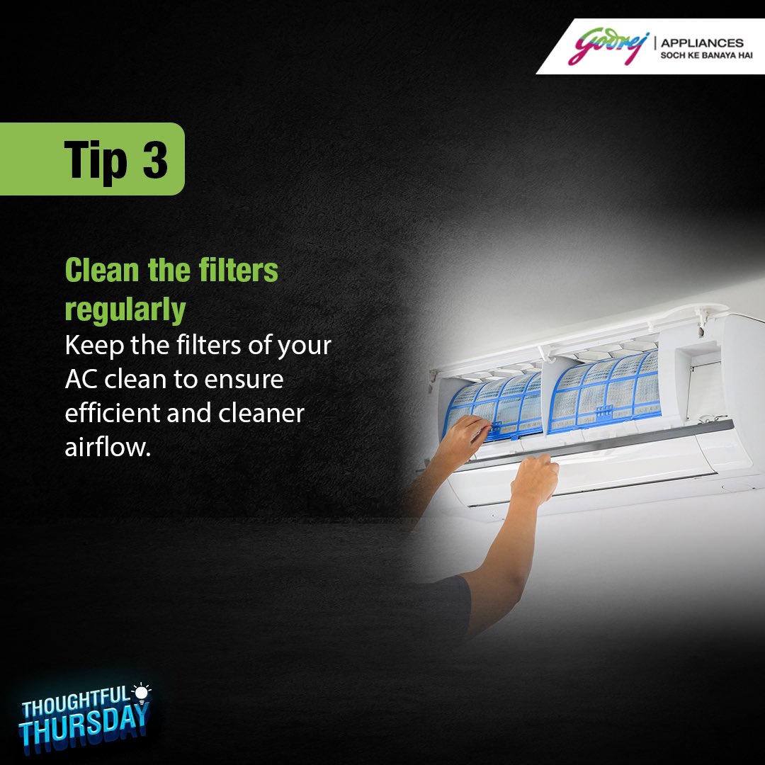 GodrejAppliance's tweet photo. With the rising temperature comes increased AC usage. However, with these few tips, you can ensure smooth operation of your ACs without worry during this summer heat!

#Godrej #GodrejAppliances #ThoughtfulThursday #ACSafetyTips #AirConditioners #ThingsMadeThoughtfully #SochKeBanayaHai
