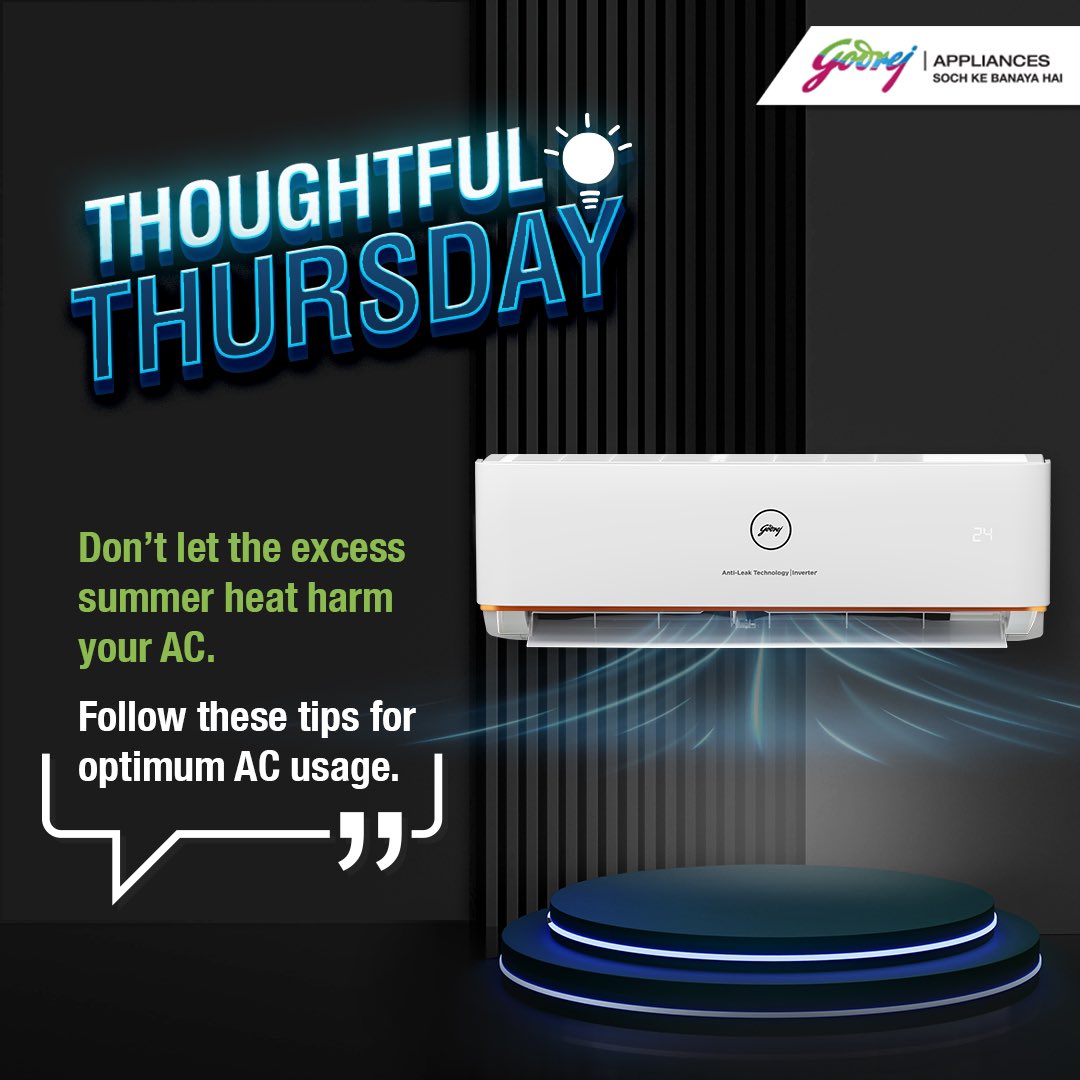GodrejAppliance's tweet photo. With the rising temperature comes increased AC usage. However, with these few tips, you can ensure smooth operation of your ACs without worry during this summer heat!

#Godrej #GodrejAppliances #ThoughtfulThursday #ACSafetyTips #AirConditioners #ThingsMadeThoughtfully #SochKeBanayaHai