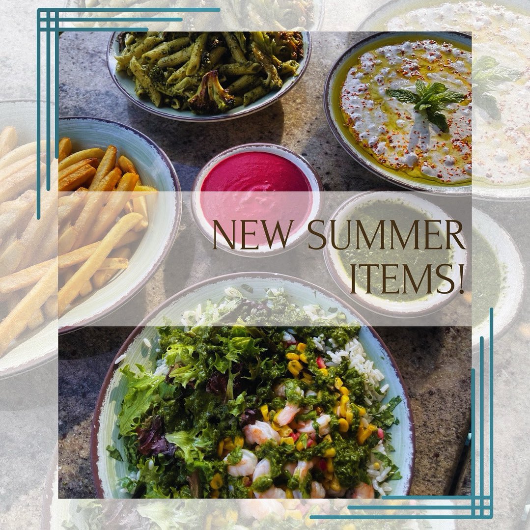 Celebrate summer with our delicious new menu! 🌞🍤 
Enjoy our new Shrimp &amp; Corn Bowl, light and full of flavor or indulge in our Pesto Penne Pasta and Chickpea Fatteh —the perfect sides to your kabob or pita platter— you also can’t forget to try our vibrant Pink Pom Sauce for a