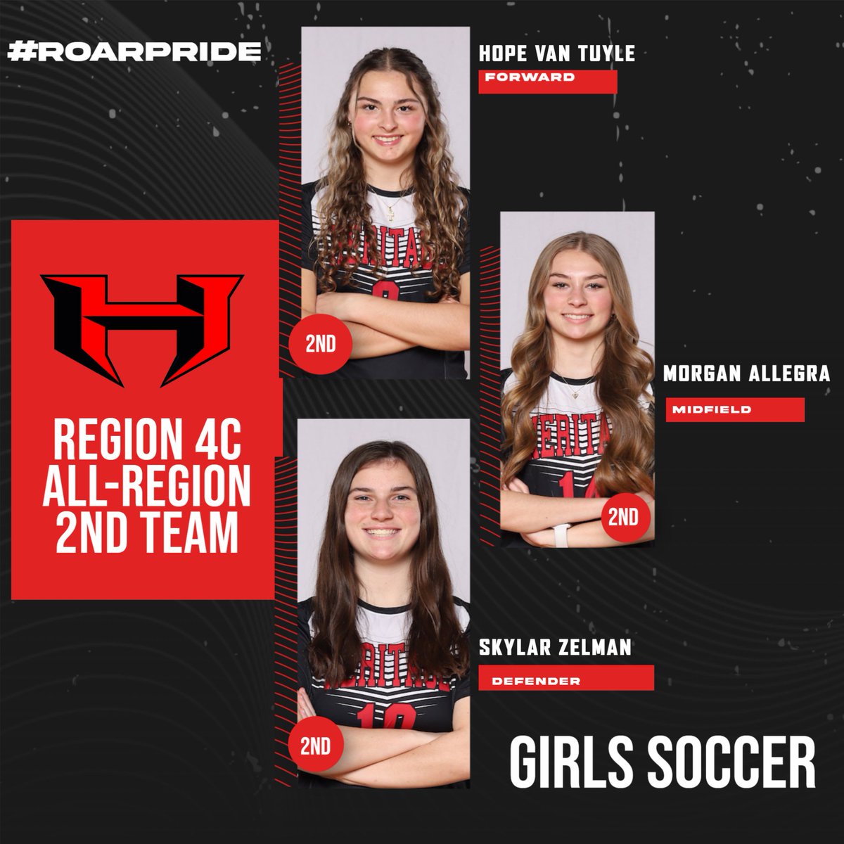 Congratulations once again to Hope Van Tuyle, Morgan Allegra and Skylar Zelman on being selected to the Region 4C 2nd team All-Region!  Well done, ladies!  ROAR PRIDE!!!