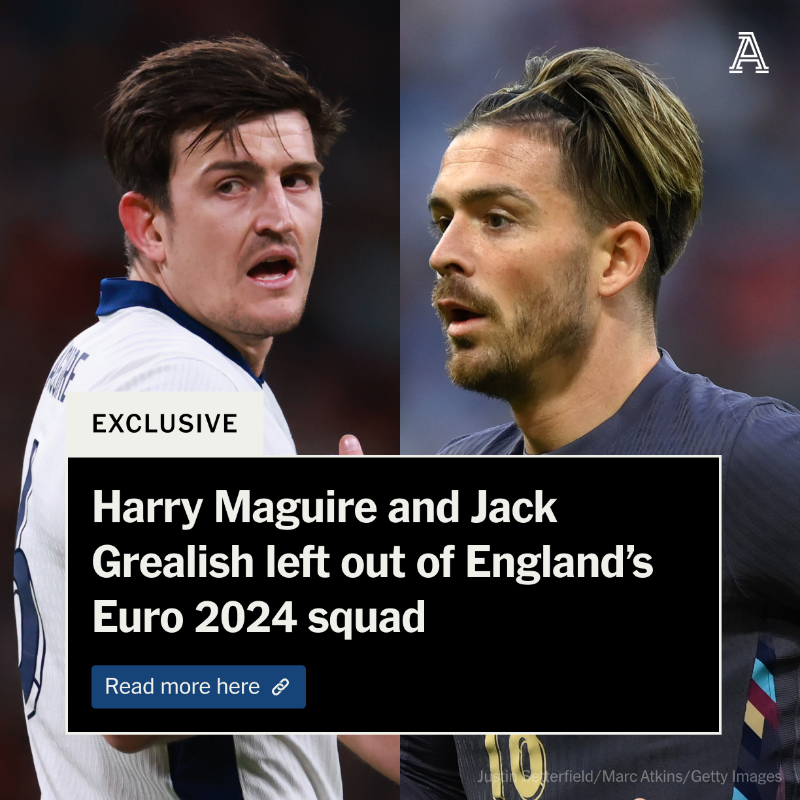 TheAthleticFC's tweet photo. Jack Grealish and Harry Maguire have been left out of Gareth Southgate’s England squad for Euro 2024.

Exclusive story from @David_Ornstein ⤵️