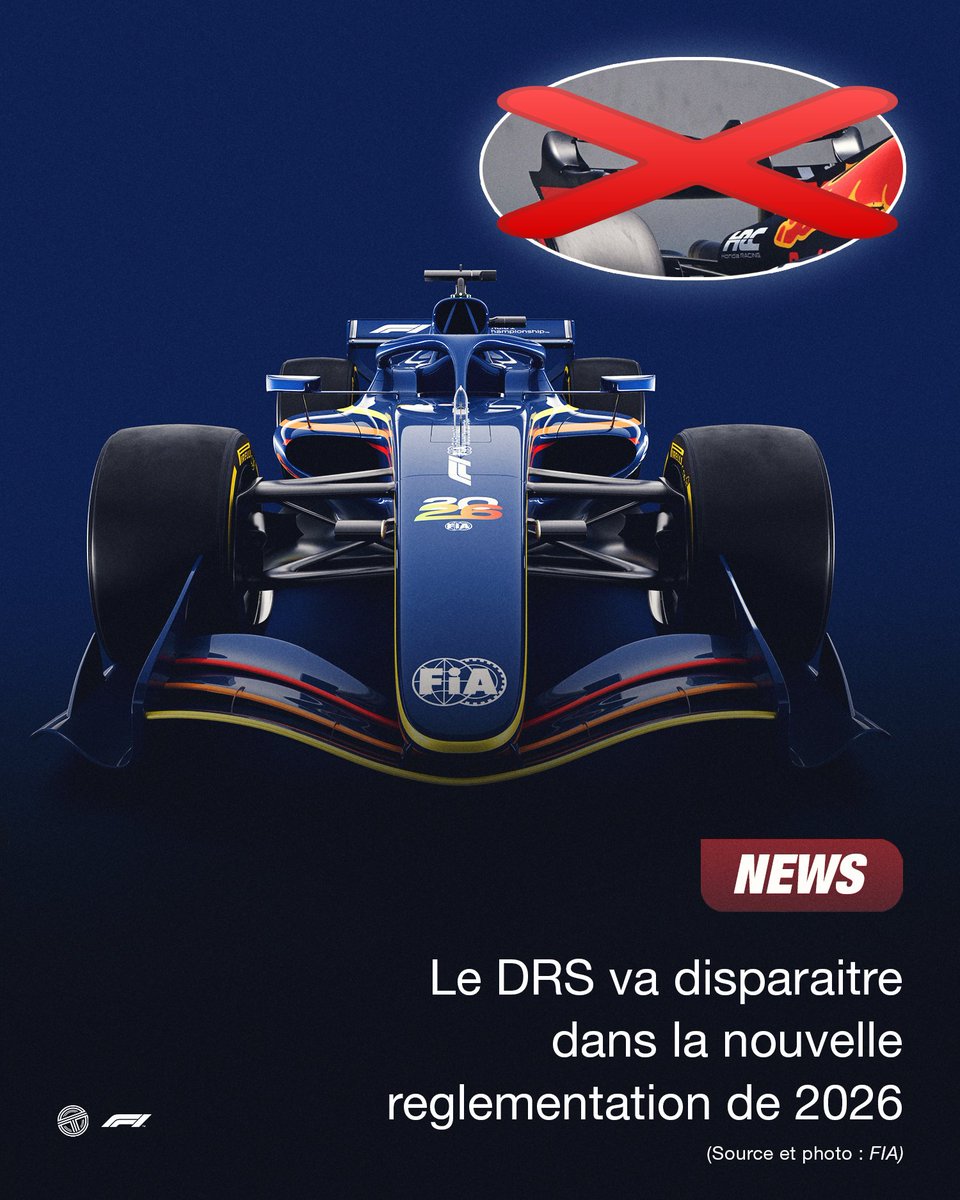 TearOffFR's tweet photo. 🔴 Le DRS va définitivement DISPARAITRE dans la nouvelle règlementation de 2026 et sera remplacé par l'aérodynamique active ! ❌

Dans la règlementation technique dévoilée par la FIA, l'aileron avant et l'aileron arrière pourront désormais "être ajustés par les pilotes en fonction de zones prédéfinies sur le circuit".

Communiqué de la FIA :

💬 "Le système, impliquant des ailerons avant et arrière mobiles, se traduira par des vitesses dans les virages plus élevées avec le déploiement du 'Mode Z" standard."

"En ligne droite, les pilotes pourront passer au "X-Mode", une configuration à faible traînée conçue pour maximiser la vitesse en ligne droite."

Cependant, pour aider une voiture suiveuse, un mode "Override" sera désormais instauré. Il s'agit d'un surplus de puissance afin de "créer de meilleures opportunités de dépassement" 🔋

Jan Monchaux, directeur technique des monoplaces de la FIA via @formu1a__uno : "En 2026, il y aura la fonction Override, qui fonctionne de manière similaire au DRS."

"Si vous êtes à une certaine distance avant la fin d'un tour de la voiture qui vous précède, pour le tour suivant, vous aurez la possibilité d'utiliser plus d'énergie électrique que votre adversaire."

#F1