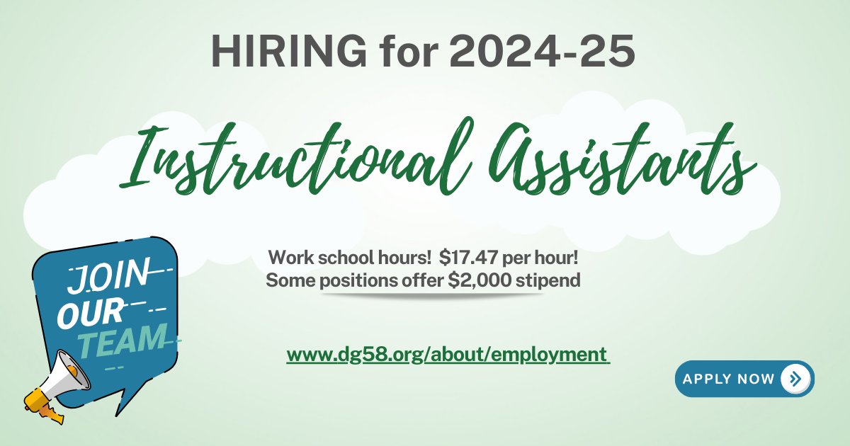 We are hiring for the 2024-25 school year!  Do you like working with children? Would you like to work a school schedule? We are seeking Instructional Assistants. Apply here. applitrack.com/dg58/onlineapp…