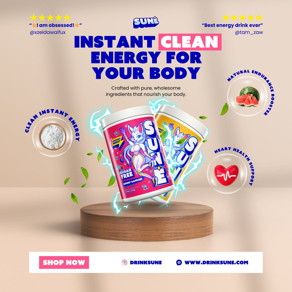 Need a clean energy boost? 🌟 Our SUNÉ energy drink is crafted with pure, wholesome ingredients that’ll keep you powered up all day. 💪✨ Whether you’re hitting the gym or just need a pick-me-up, we’ve got you covered.

⭐️ “I am obsessed!” - @xeldawaifux
⭐️ “Best energy drink