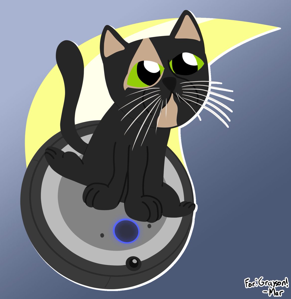 another art request!! this one was basically summarized as "draw my cat riding a Roomba like a vehicle from Kirby Air Ride" and, well, who am I to deny such a request?? I think it came out REALLY cute!! 🐱