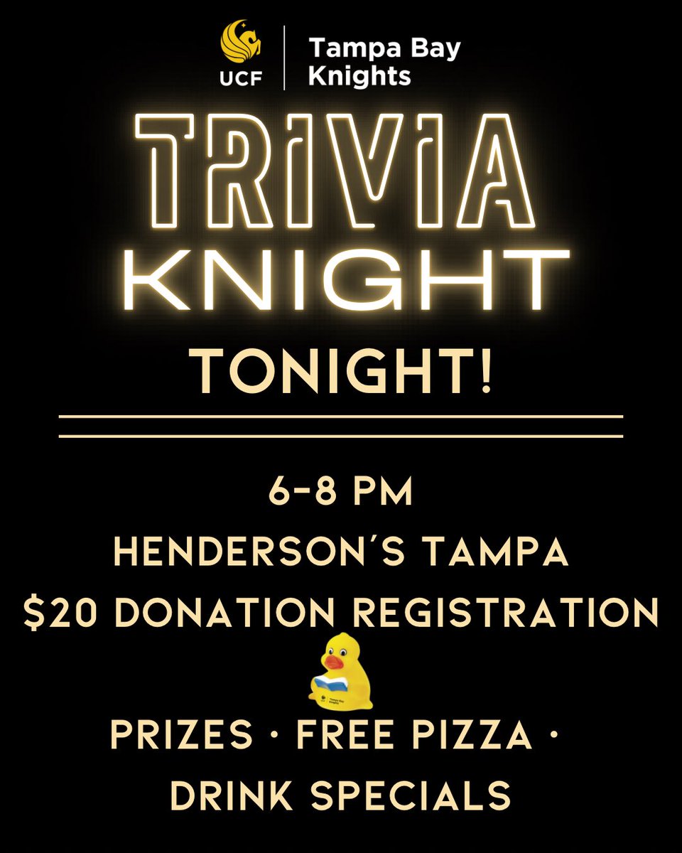 Tonight’s the knight! ⚡️🔛 Stadium Club <a href="/UCF_Football/">UCF Football</a> tickets door prize, free collectible duck, free pizza, drink specials and completing to win prizes - while connecting with other Tampa Bay Knights! It’s not too late to join us, register using the link: foundation.ucf.edu/TampaBayTrivia