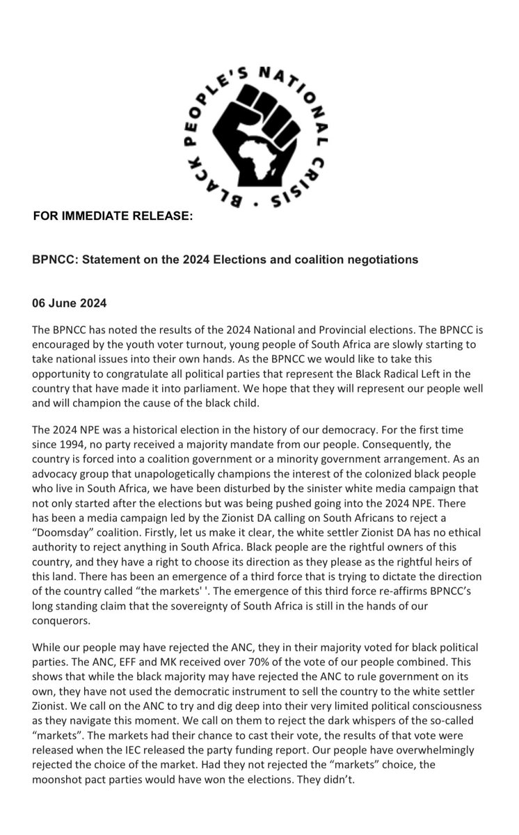 BlackCrisisComm's tweet photo. 📝MEDIA STATEMENT | 06/06/24
The Black People’s National Crisis Committee supports the #NotWithTheDA protest action.
“A coalition with the DA would be antithetical to the objectives of the NDR and would be a betrayal of the National liberation movement in its broadest sense.” https://t.co/Y8C5RlTWgl