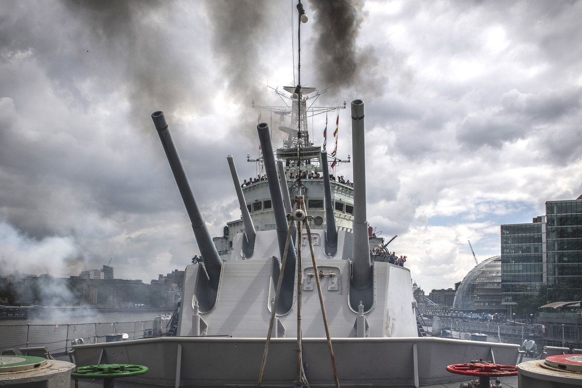 I_W_M's tweet photo. Today, HMS Belfast commemorated the 80th anniversary of D-Day with a simulated gun salute.

The anniversary is particularly significant for the ship, which supported the assaults on Gold and Juno beaches during the Normandy Landings, firing almost continuously for five weeks. https://t.co/B7eXc2CFFJ