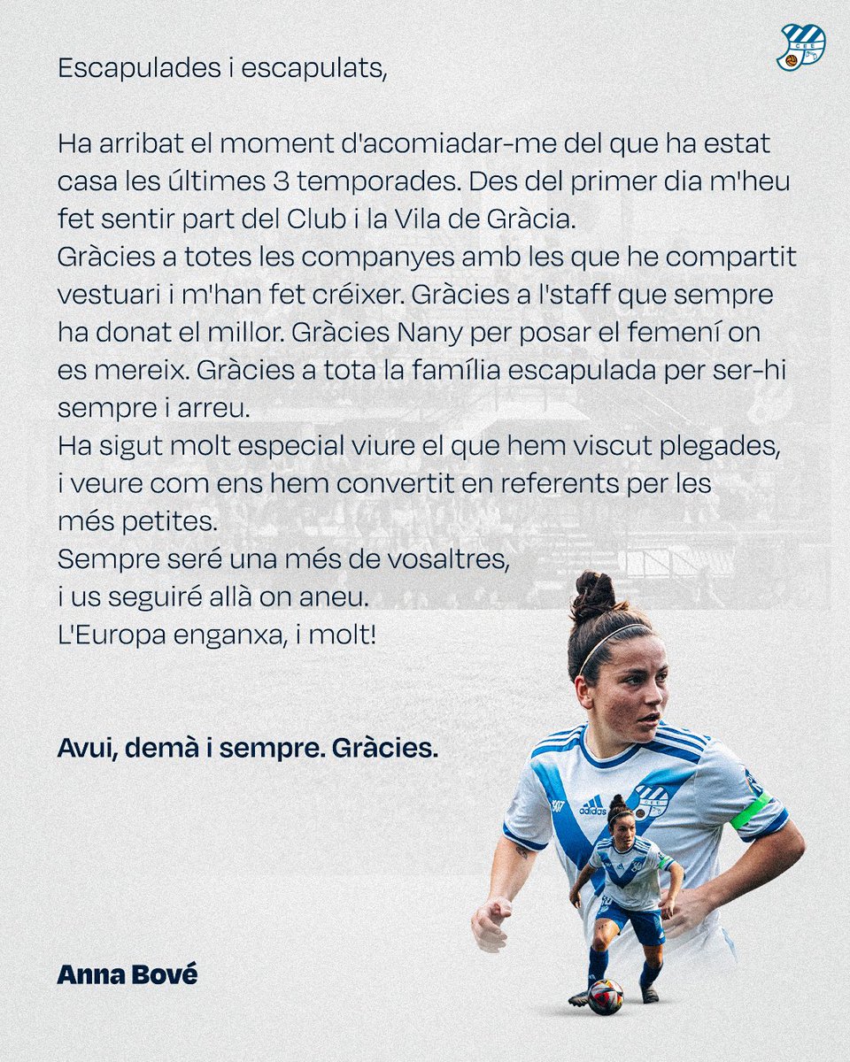CEEuropa's tweet photo. 🔟 Anna Bové s’acomiada del club després de 3 temporades a la primera plantilla.

📝 “Sempre seré una més de vosaltres, i us seguiré allà on aneu. L’Europa enganxa, i molt!”

Gràcies per tot, Anna! 🙌

🔗: https://t.co/ecXfqOV3o0

#futbolcat #VilaDeGràcia #SagradaFamília https://t.co/XJ0yNpZEY1