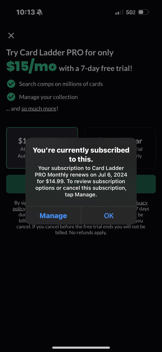 pukeyscards's tweet photo. @CardLadder your app took my $15 and is not letting me use its features, can this be corrected?? https://t.co/n741a4jSBy