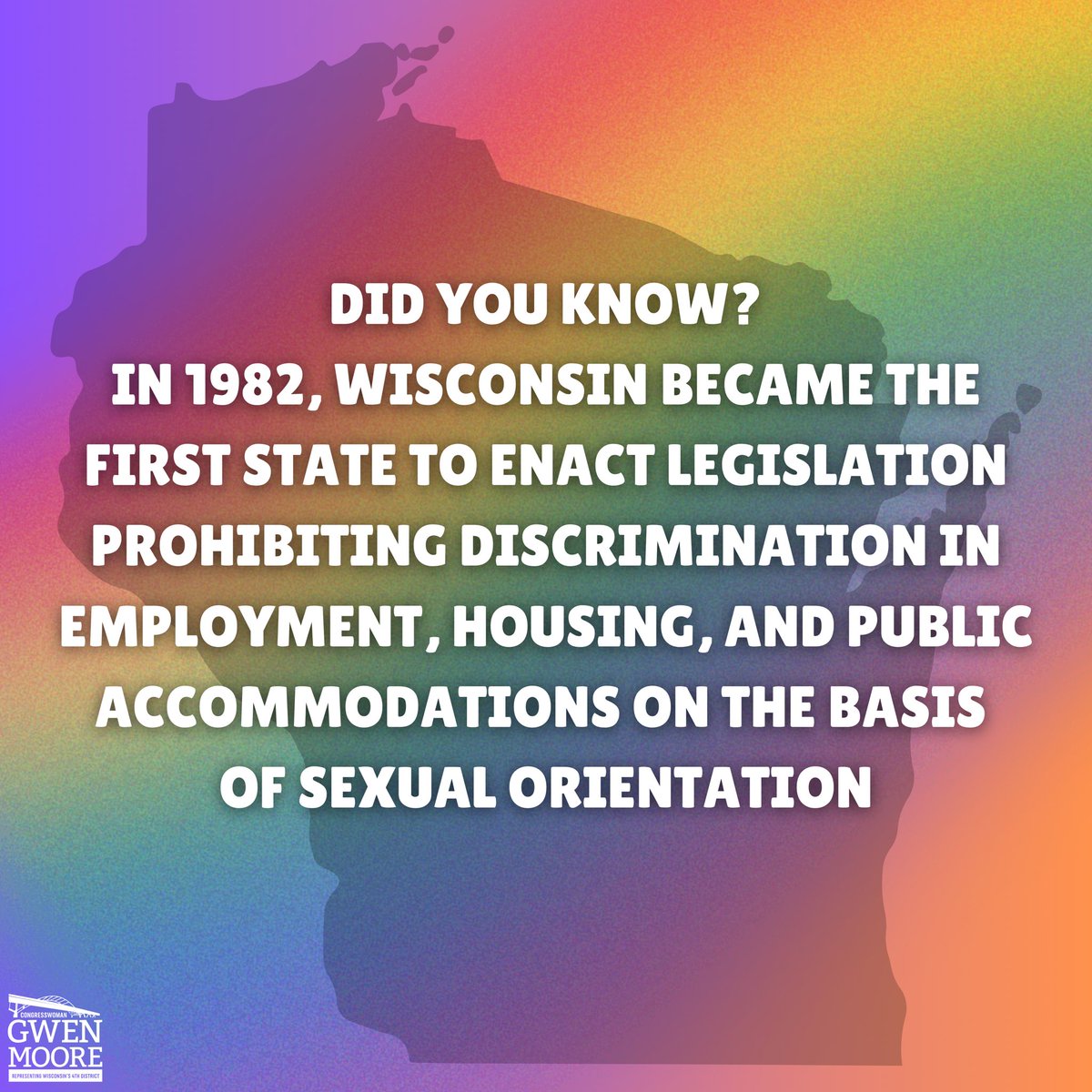 RepGwenMoore's tweet photo. This Pride Month I’m proud to celebrate Wisconsin's rich history of protecting LGBTQ rights and fostering inclusive communities!
 
Let's honor our history and keep pushing for a future where everyone is free to be themselves. https://t.co/LQ3D1sFMep