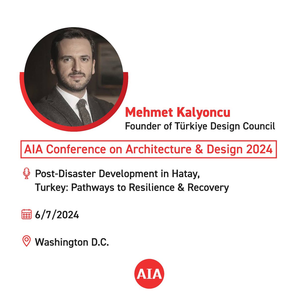Yarın Vaşington’da Amerikan Mimarlar Birliği (AIA) tarafından düzenlenen Conference on Architecture &amp; Design etkinliğinde konuşmacı olarak yer alacağım. 

I will be speaking at AIA Conference on Architecture &amp; Design 2024 tomorrow in Washington D.C.