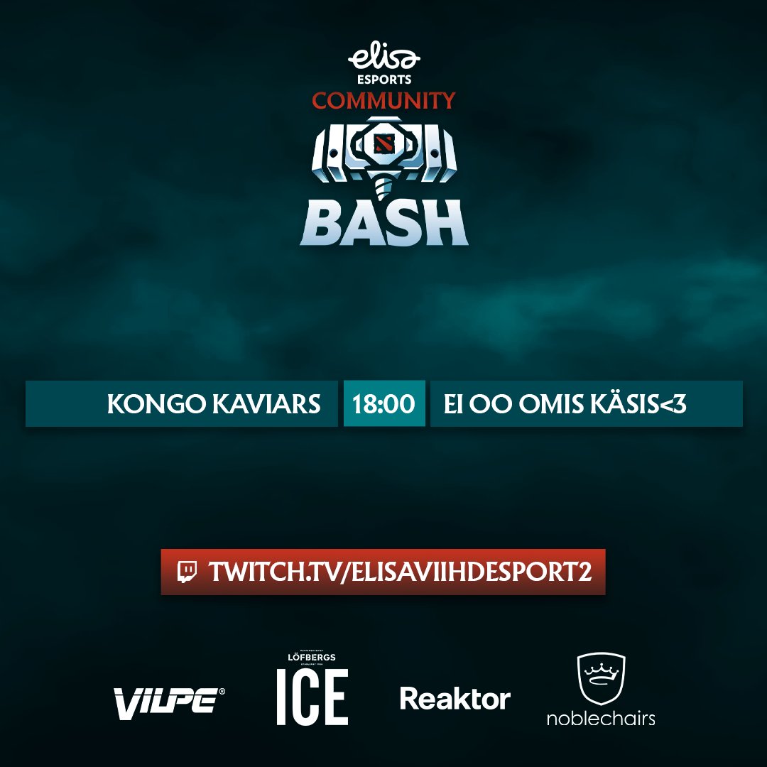 ElisaEsportsFI's tweet photo. Tänään päästään seuraamaan Elisa Esports Dota 2 #CommunityBash -turnauksen pudotuspelejä🔥
🕖: 18:00
⚔: Kongo Kaviars vs. ei oo omis käsis<3
🎙: @T_PandaDota & HKNST
📺: https://t.co/ZhEqyVgvrc
#ElisaDota2 #Dota2��#esportsfi https://t.co/vlOdFeS3eU