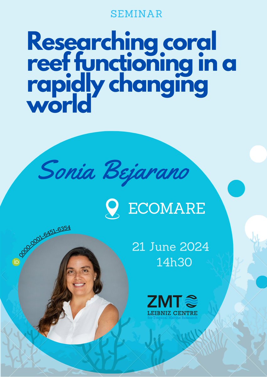 #mbargnews📢
Researcher Sonia Bejarano will present a seminar at ECOMARE on June 21st at 2:30 PM. 
The presentation is entitled "Researching Coral Reef Functioning in a Rapidly Changing World." 🪸🌊
Don't miss it!
#cesam_uni
@CESAM_Univ