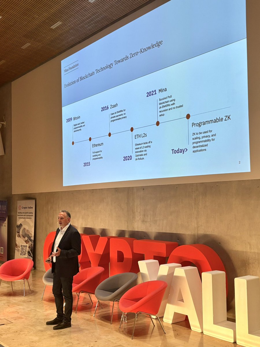 JeromeBailly's tweet photo. Evolution of blockchain technology towards zero-knowledge, by @khem CEO of @MinaFoundation at @theCryptoValley Conference #CVC24 https://t.co/V6ibx68Ir4