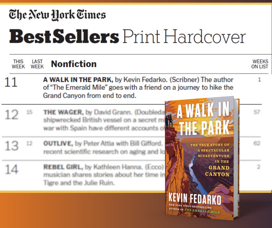 Scribner (@scribnerbooks) on Twitter photo A WALK IN THE PARK is an instant New York Times bestseller! Congratulations, <a href="/KevinFedarko/">Kevin Fedarko</a>, and thank you readers for joining this adventure of a lifetime! spr.ly/601751bal A WALK IN THE PARK is an instant New York Times bestseller! Congratulations, <a href="/KevinFedarko/">Kevin Fedarko</a>, and thank you readers for joining this adventure of a lifetime! spr.ly/601751bal