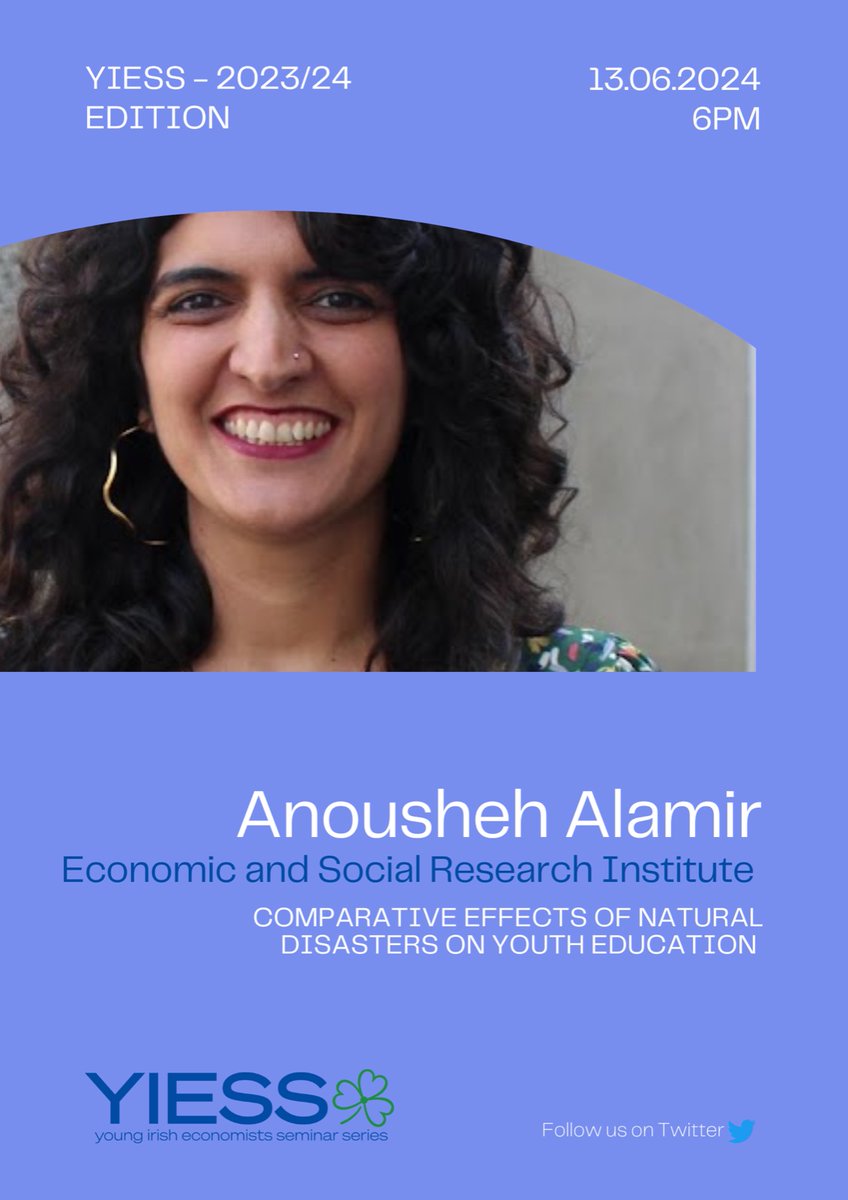 Join us for one last YIESS round before the summer break! ☘️⛱️

Anousheh Alamir (@AnouchouO <a href="/ESRIDublin/">Economic and Social Research Institute (ESRI)</a>) will present "Comparative effects of natural disasters on youth education". 

🗓️ Thu, Jun 13th
📍 <a href="/TRiSSTCD/">Trinity Research in Social Sciences</a> Seminar Room
⏰ 6-7 pm

More information at shorturl.at/isDH4