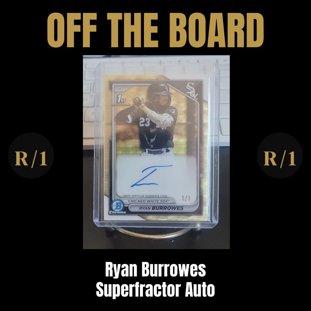 RareOneCards's tweet photo. The Ryan Burrowes Superfractor Auto is OFF THE BOARD!
eBay Link to Card: https://t.co/gFdIQYMOmT
Full tracker is in bio! #TheSuperTracker #rareonecards #24Bowman #ryanburrowes #whitesox #superfractorauto #bowman #thehobby #whodoyoucollect #topps @BDKleinman @KVCardz https://t.co/xQTQmb1Eav