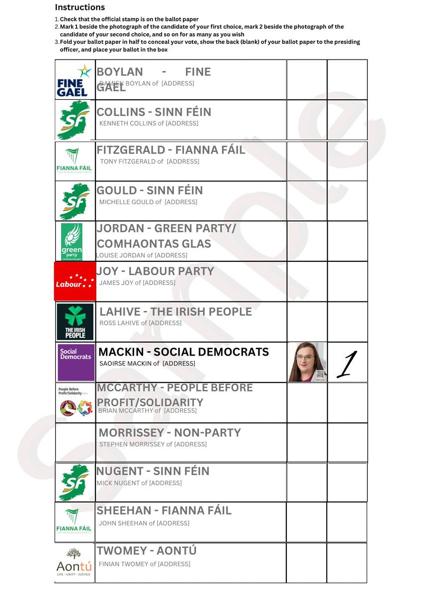 SaoirseMackin's tweet image. Here is a sample of tomorrows Local Election Ballot Paper. When you go to the polling booth, look for the purple and I’d appreciate if you put a number 1 beside my name💜

#VoteMackin #SocDems