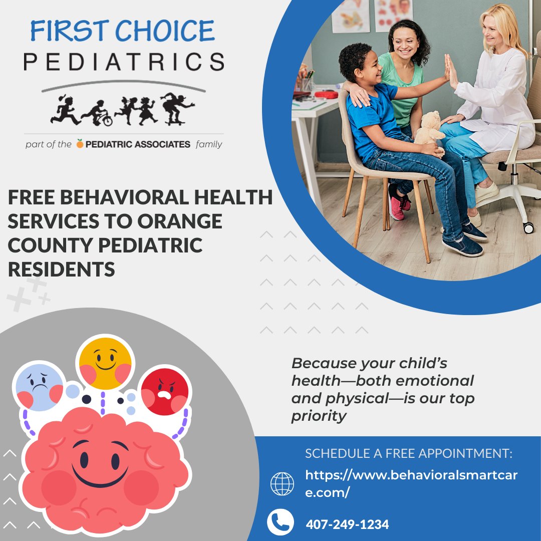 FCPediatrics's tweet photo. Now you can access behavioral health providers where your child already receives pediatric care. 💙 First Choice Pediatrics offices in Orange County, FL are offering FREE behavioral health services to Orange County pediatric residents. 
https://t.co/7rmPq0cdnS https://t.co/39WuQxwyI0