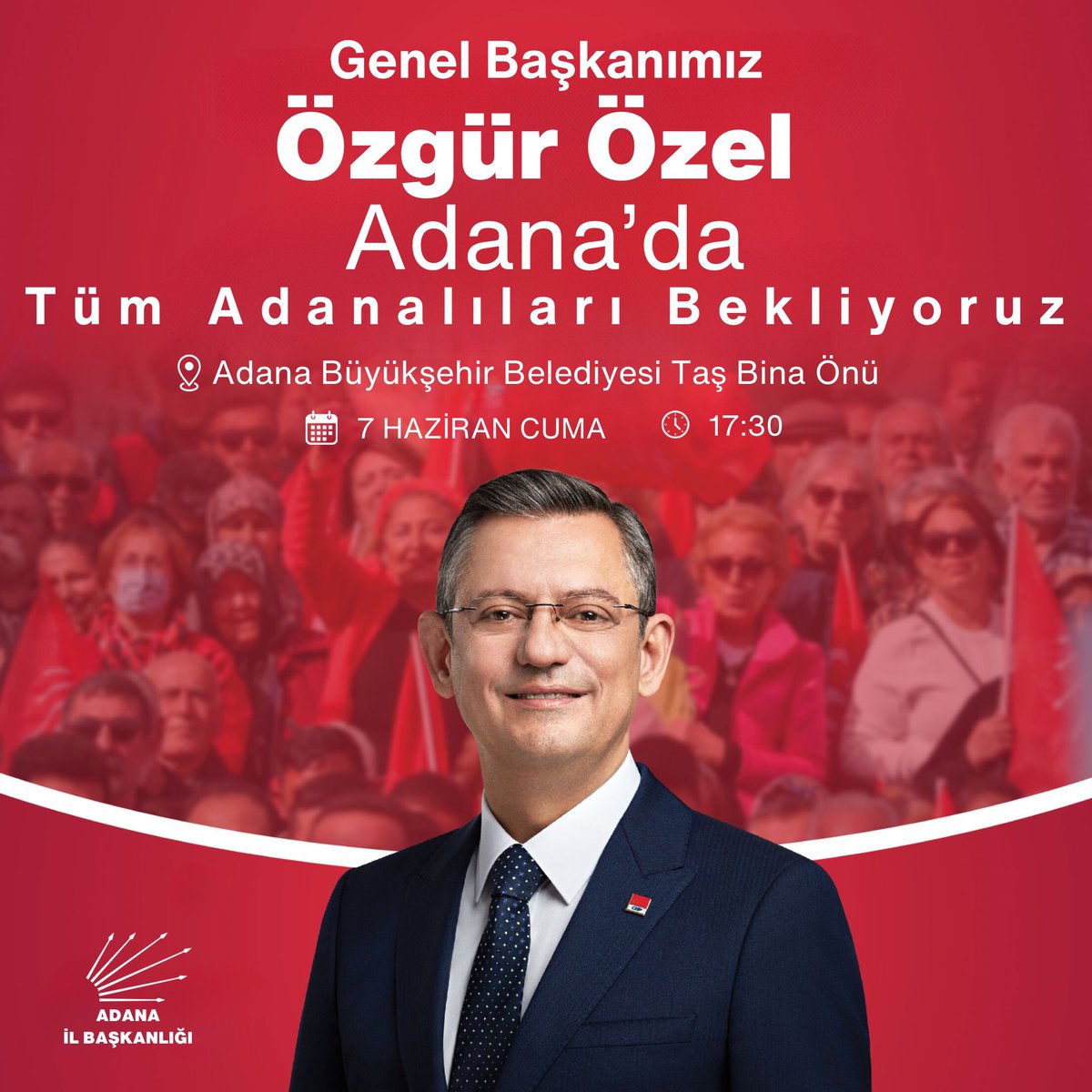 Genel Başkanımız Sn. Özgür Özel Adana'da!

Genel Başkanımız Sayın Özgür Özel ile 7 Haziran Cuma Günü Saat 17.30'da Adana Büyükşehir Belediyesi Taş Bina önünde buluşuyoruz.

Tüm Adanalıları Bekliyoruz.
