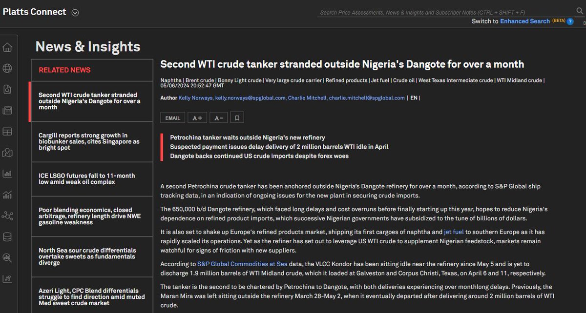 Dreaded WAF demurrage raises its head to further trouble Dangote's refinery ramp up. Is this a particularly painful start up, or is there just more forensic data available these days, shining a light on how hard it is to start these big projects up? #platts #oil #markets