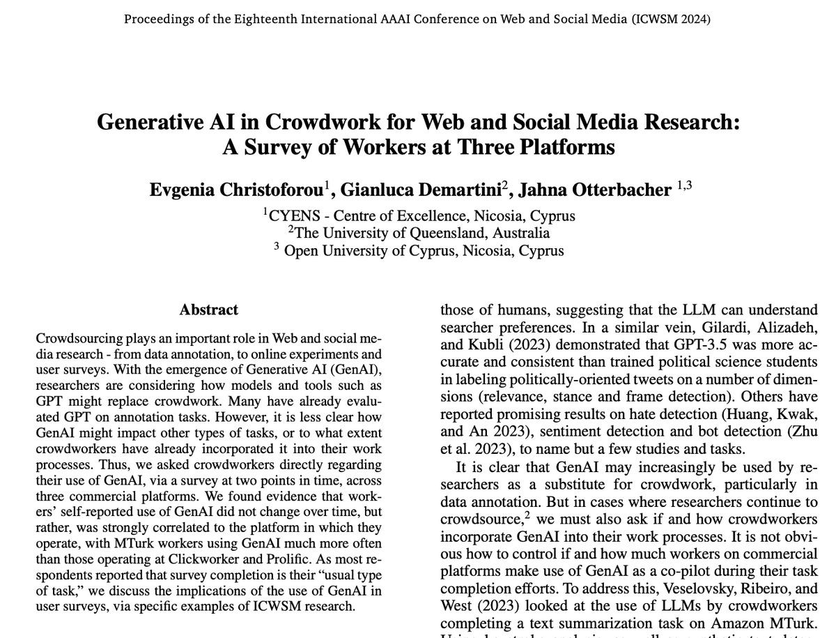 Come visit the poster paper "Generative AI in Crowdwork for Web and Social Media Research: A Survey of Workers at Three Platforms" today at stand 44 at #icwsm2024 #ICWSM24 #icwsm <a href="/icwsm/">ICWSM</a>. Find the paper at ojs.aaai.org/index.php/ICWS…