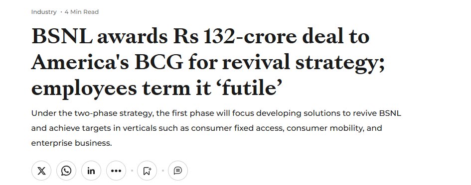 WhtRlyMtrs's tweet photo. There was a recent news that Boston Conulting Group will be helping to revive BSNL. 

A natural question arisis that why we do not have domestic consulting firms who can do this? Or maybe a Govt organization like NITI aayog can have such capabilities? @NITIAayog https://t.co/IZOWnFiR2O