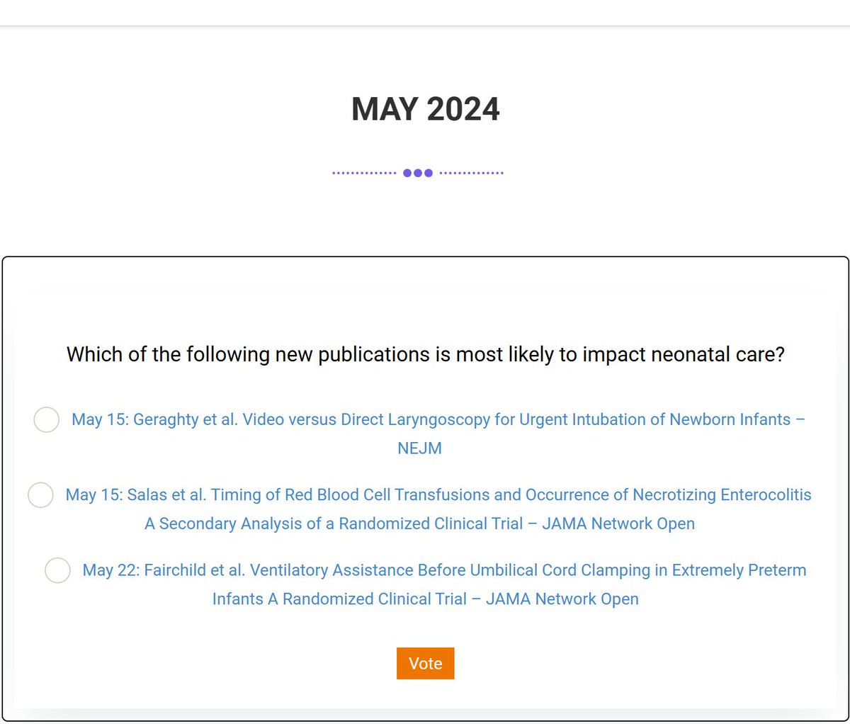Geraghty Vs Salas Vs Fairchild
Which of these 3 RCTs is more likely to impact your neonatal practice?
Vote now for our Impact Article of the Month - May 2024 Edition!
buff.ly/43ahAWK
#EBNeoPolls
