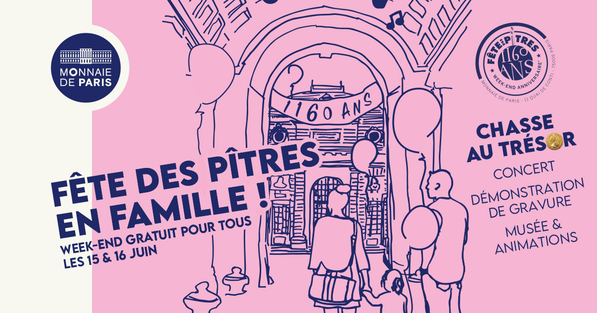 Le mois de juin, c'est le mois d'anniversaire de la <a href="/MonnaieDeParis/">Monnaie de Paris</a> 🎂 Venez en famille célébrer nos 1 160 ans lors d'un week-end festif ✨ bit.ly/fête-des-pitres

Au programme : chasse au trésor, concerts, activités artistiques, gravure et bien plus !

#MonnaieDeParis