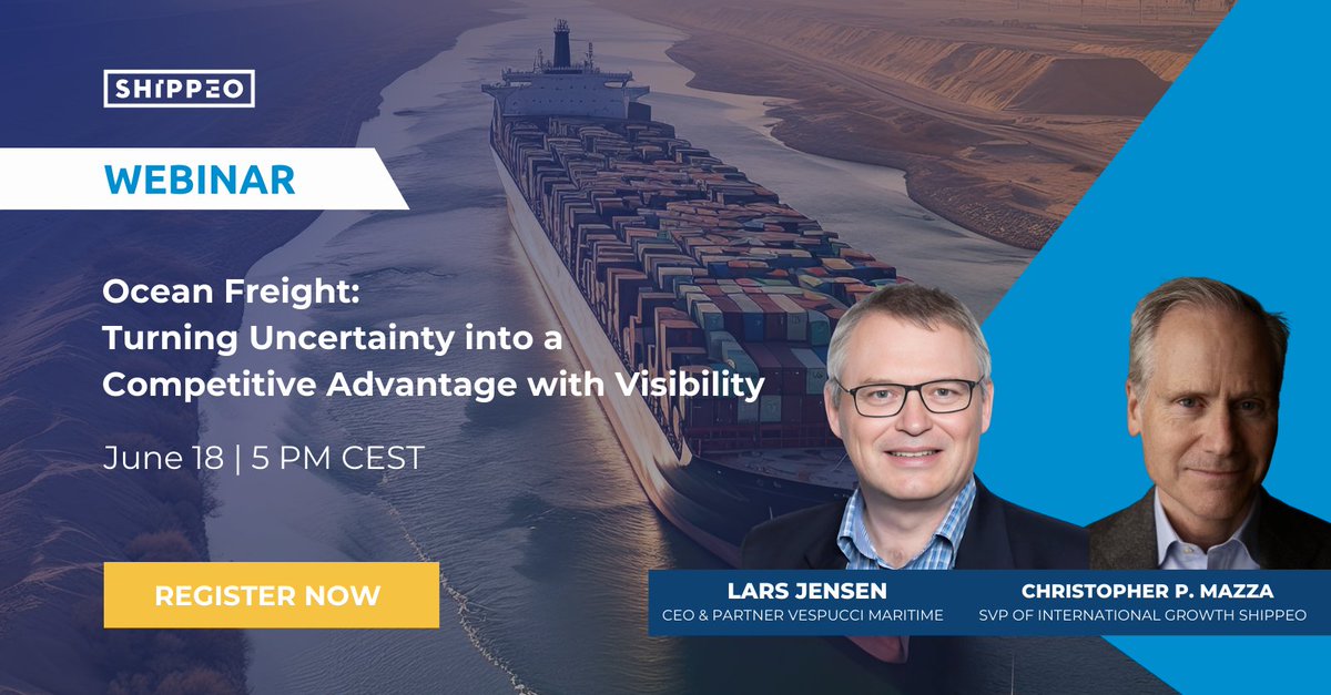 RaviShing78's tweet photo. Join industry veterans Lars Jensen, #VespucciMaritime, and Chris Mazza, #Shippeo, on June 18, 5 PM (CEST), for an insightful online-session, as they unravel the current #geopolitical dynamics and unveil the transformative power of #ContainerVisibility. ➡️ https://t.co/BcVri2jjDv https://t.co/AnRD3zR3g7