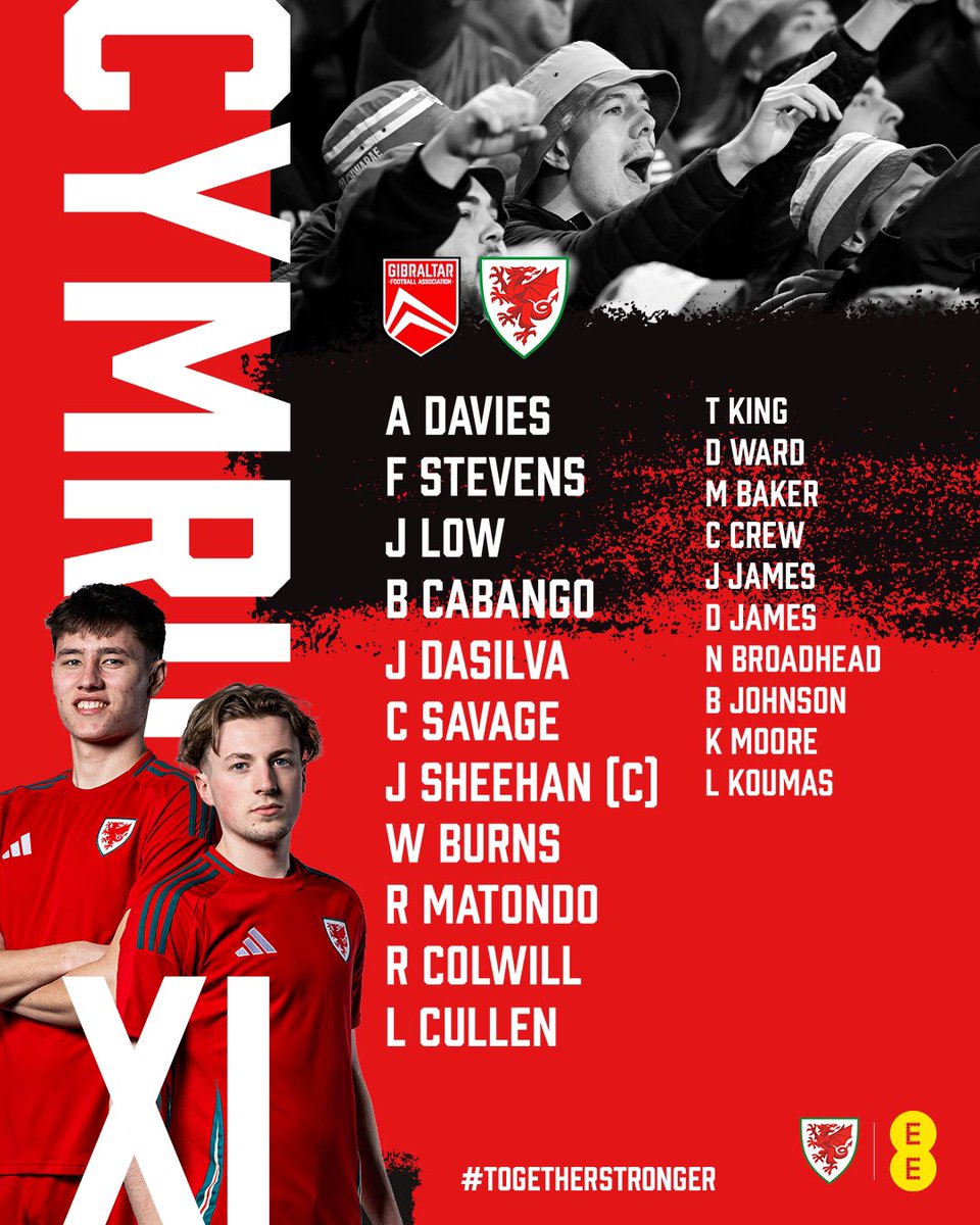 CYMRU XI 🇬🇮🏴󠁧󠁢󠁷󠁬󠁳󠁿

🧢 Two debutants in the starting XI. C’mon Cymru!

#TogetherStronger
